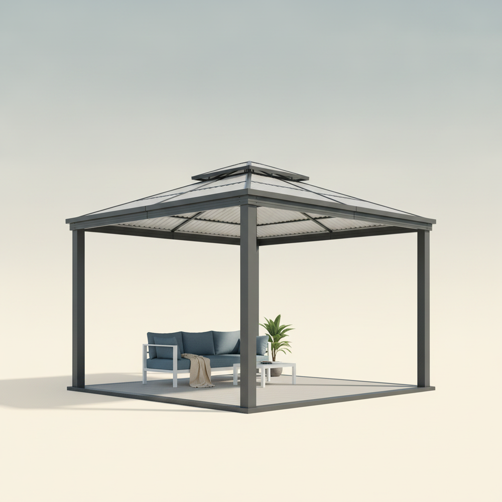 Motorized louvered roof aluminum gazebo with roof partially open, centered on a slate blue and warm cream gradient background