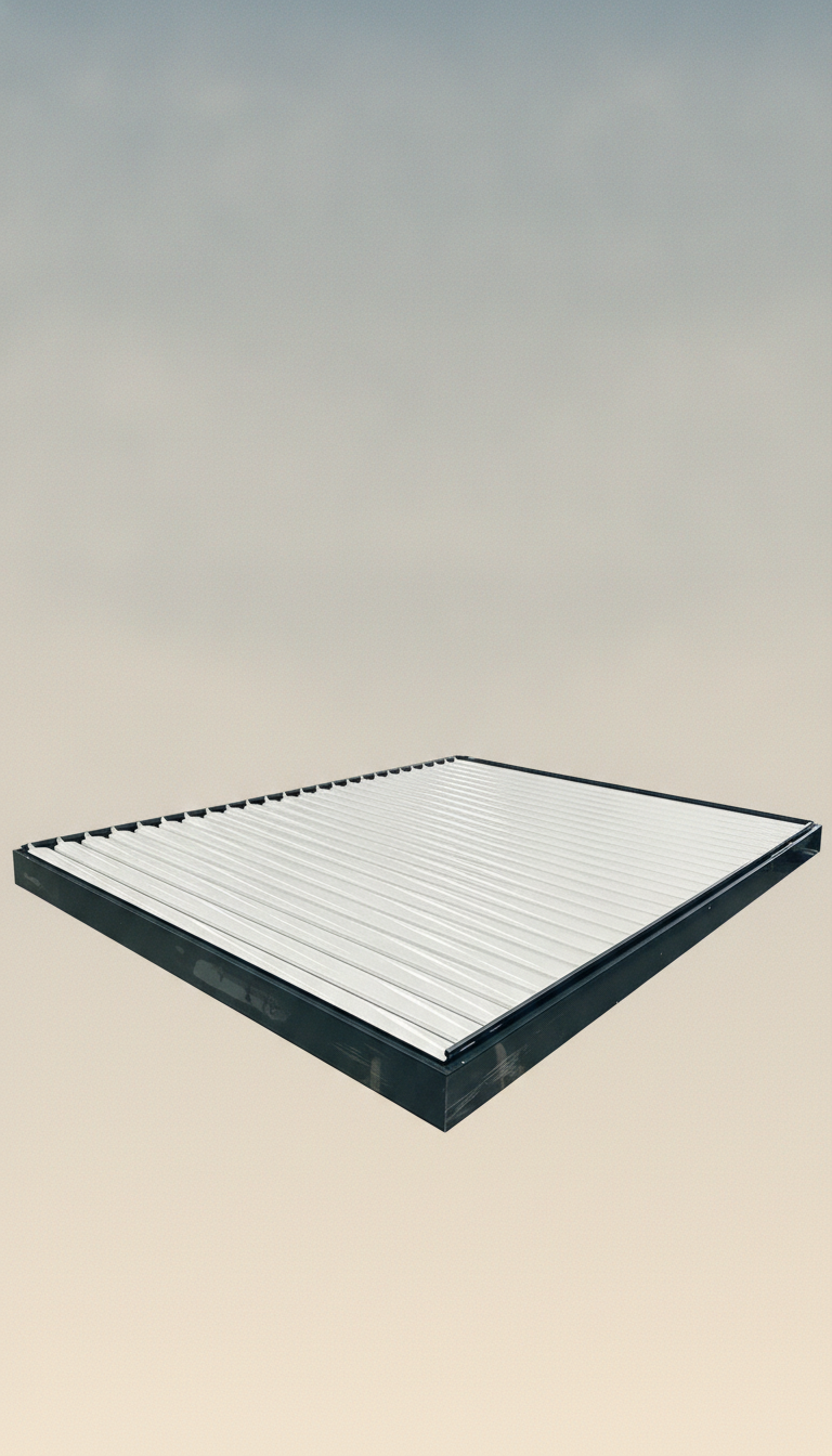Modern motorized louvered roof aluminum gazebo with its louvers partially open, centered against a soft gradient background.