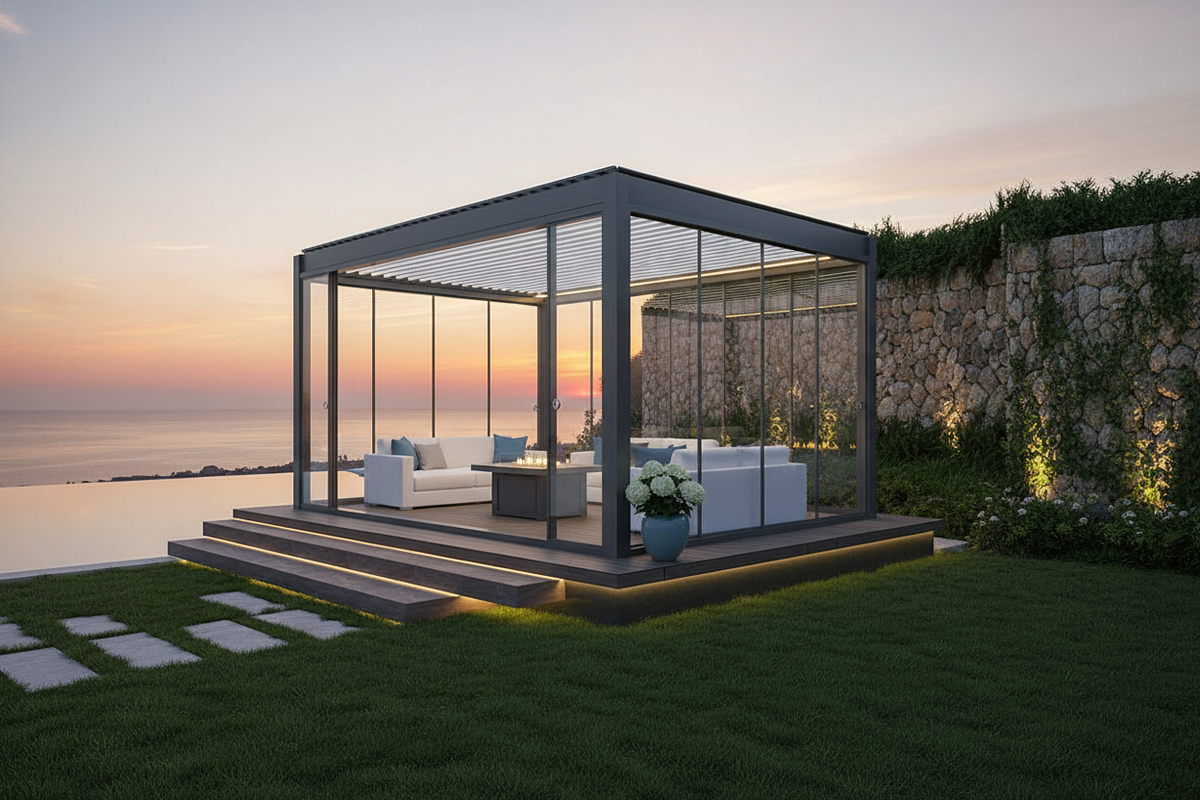 A modern aluminum gazebo with a motorized louvered roof in a landscaped backyard at sunset, illuminated with warm lighting.
